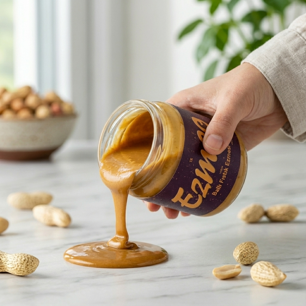 Ballı fıstık ezmesi cam kavanoz ürün görseli ön yüz