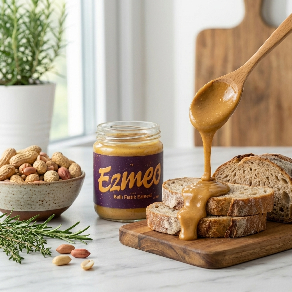 Ekmek üzerine sürülmüş ballı fıstık ezmesi kahvaltı sofrasında