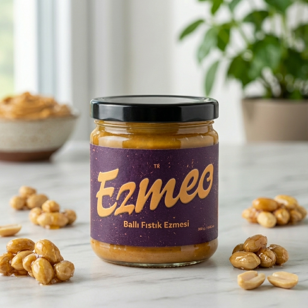 Kaşıkla alınan kremsi ballı fıstık ezmesi bal damlası detay