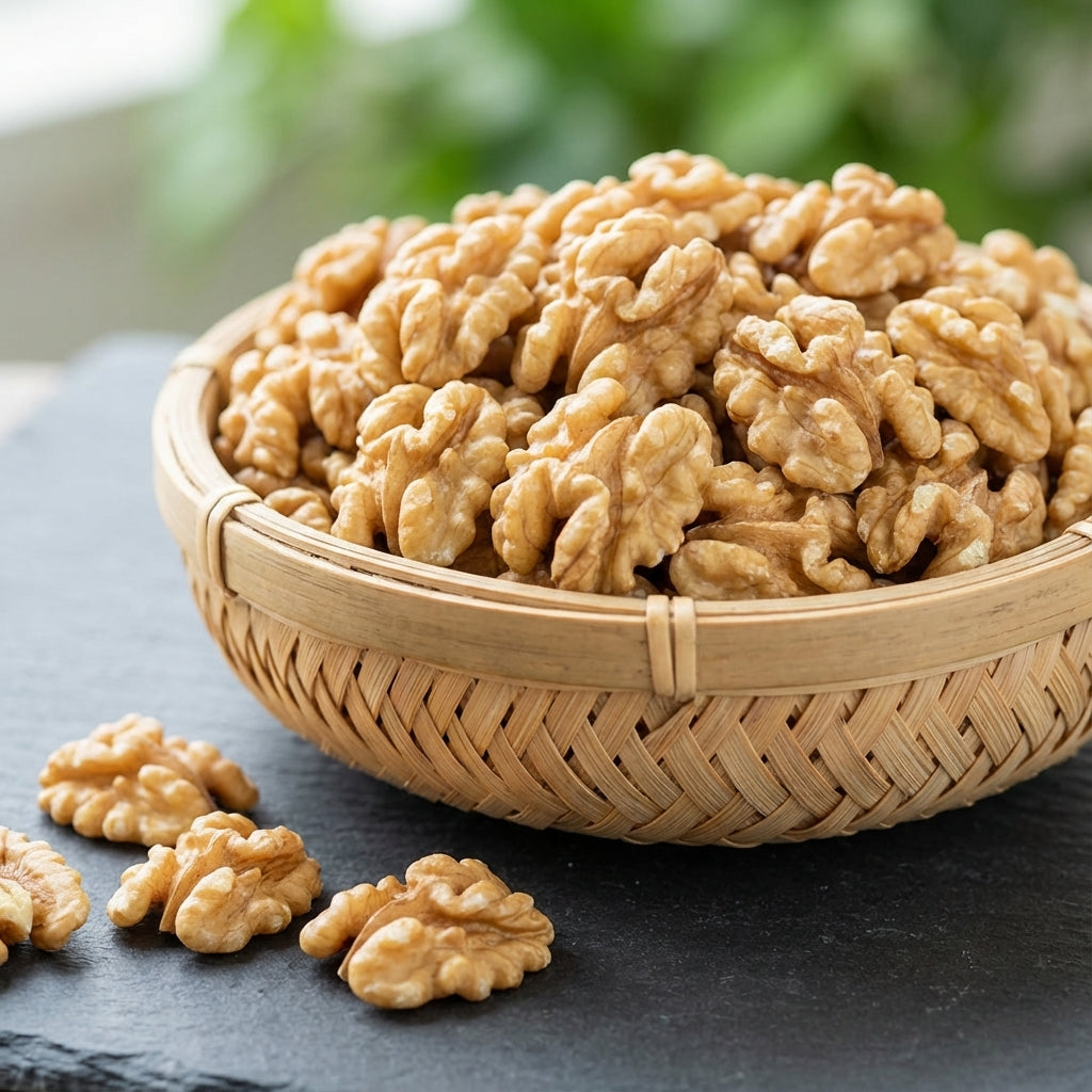 Doğal taze çiğ ceviz içi yarımları yakın çekim detay fotoğrafı