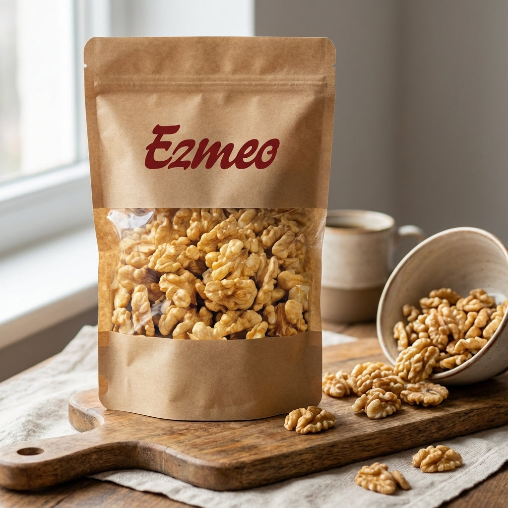 Çiğ ceviz içi taneleri ahşap kase içinde üstten görünüm