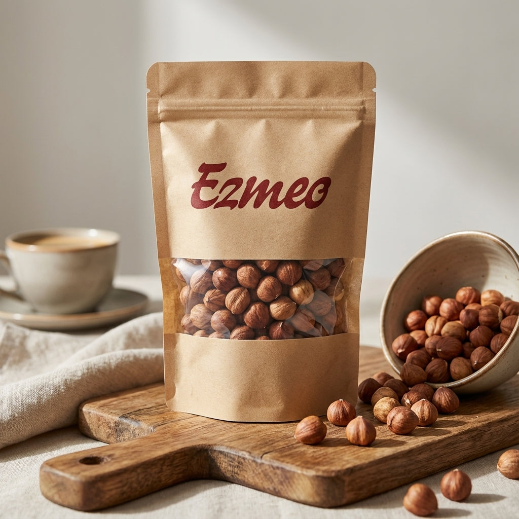 Çiğ iç fındık taneleri ahşap kase içinde üstten görünüm