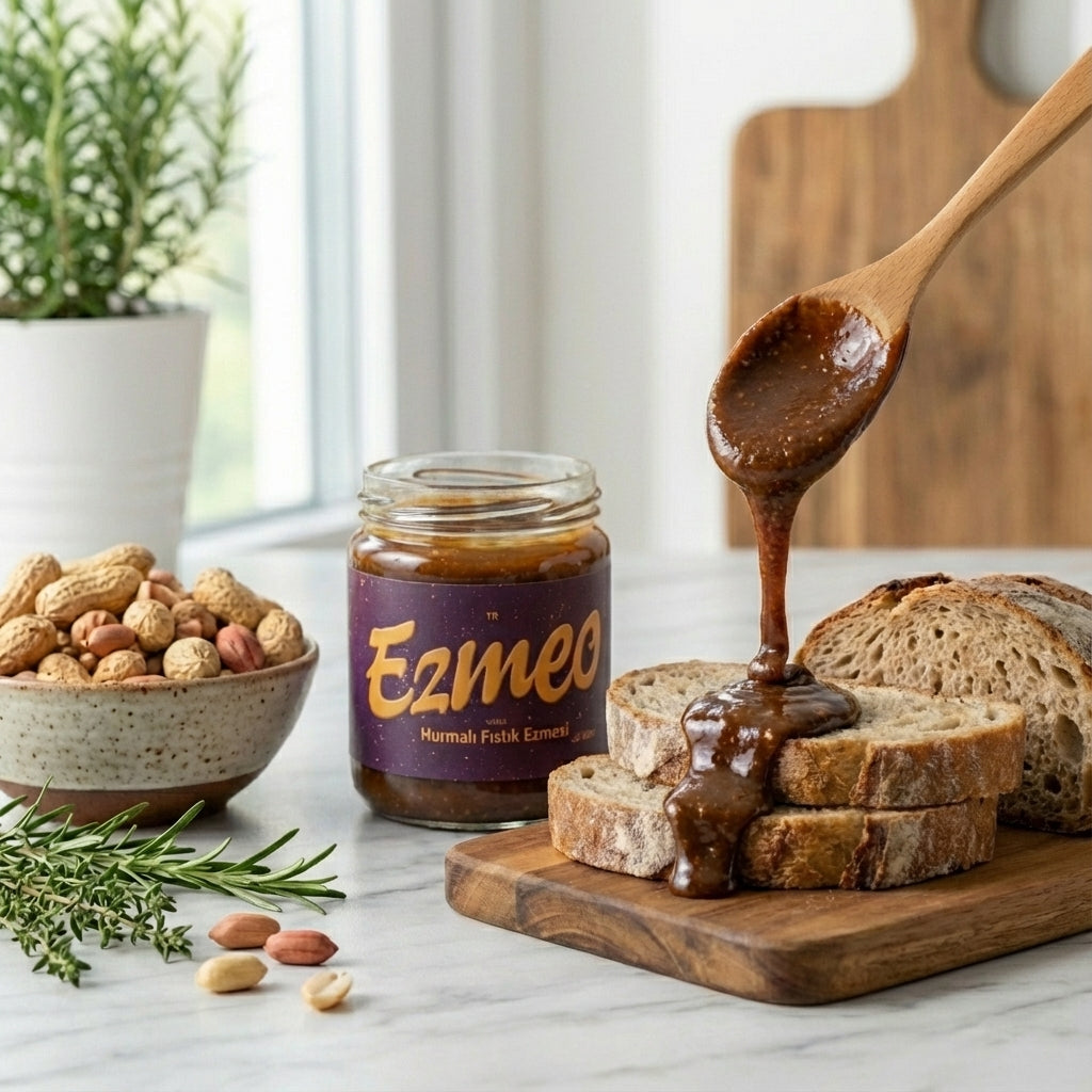 Hurmalı fıstık ezmesi ekmekle birlikte sergileniyor.