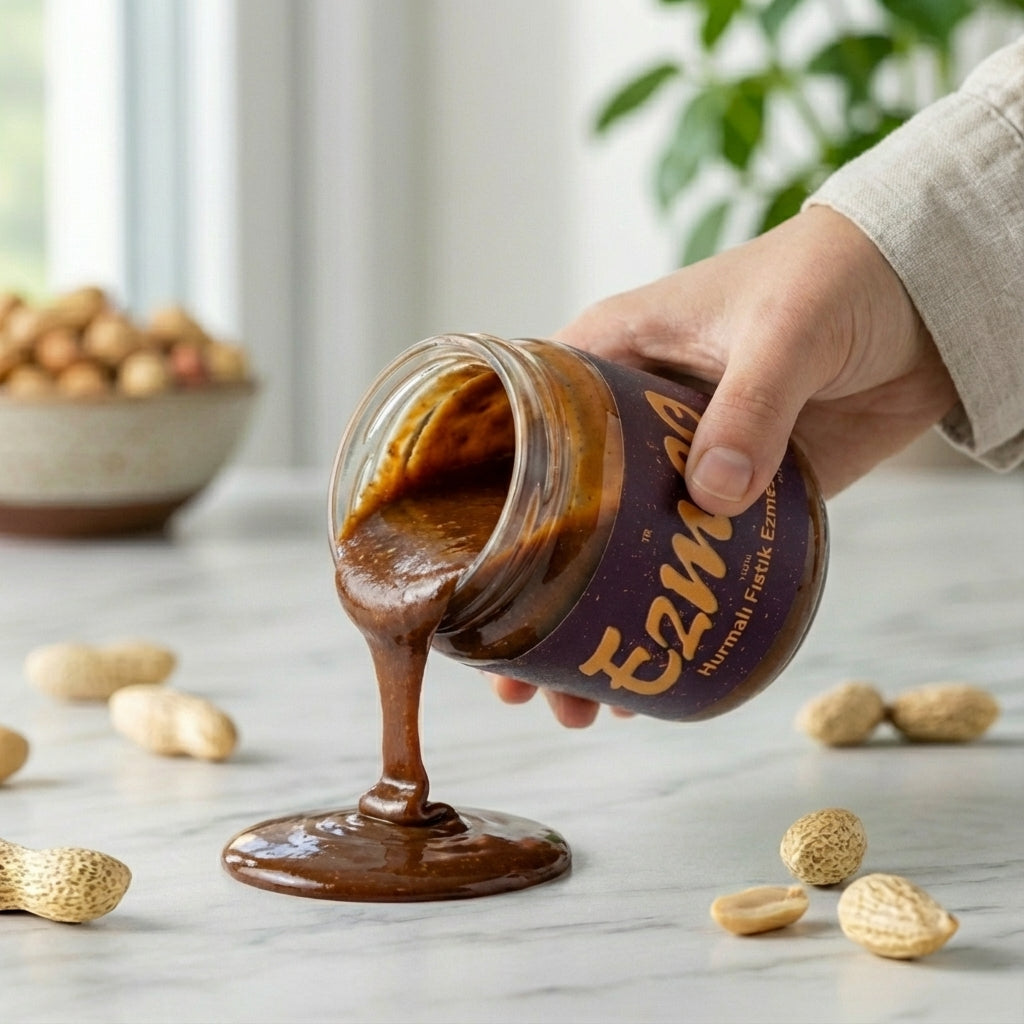 Hurmalı fıstık ezmesi mermer tezgaha dökülüyor