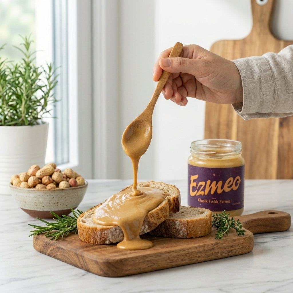 Tam tahıllı ekmek üzerine sürülmüş klasik fıstık ezmesi