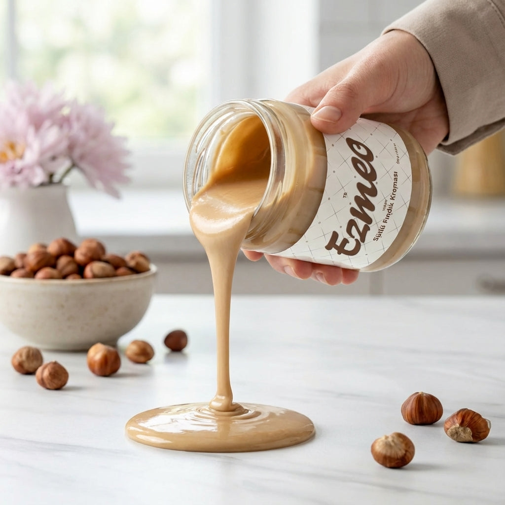 Bu görselde sütü fındık kreması sergileniyor. Ezmeo markasına özel üretildi