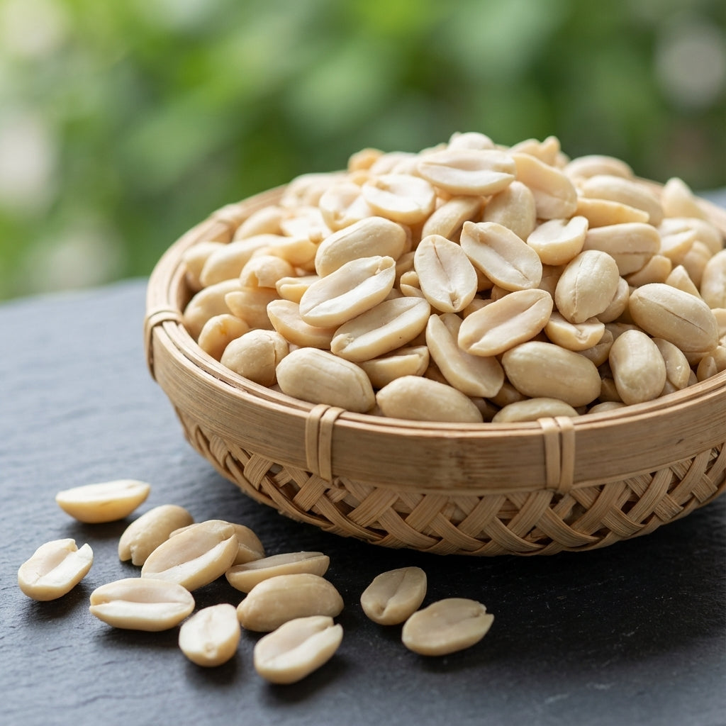 Doğal yer fıstığı taneleri, kabuklarıyla birlikte bir kase içinde.