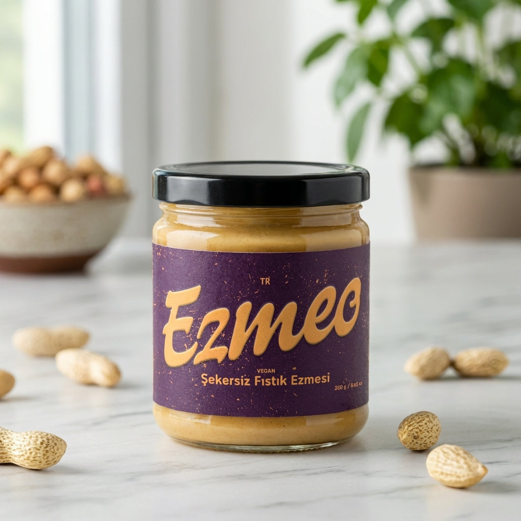 Kaşıkla alınan kremsi şekersiz fıstık ezmesi yakın çekim detay