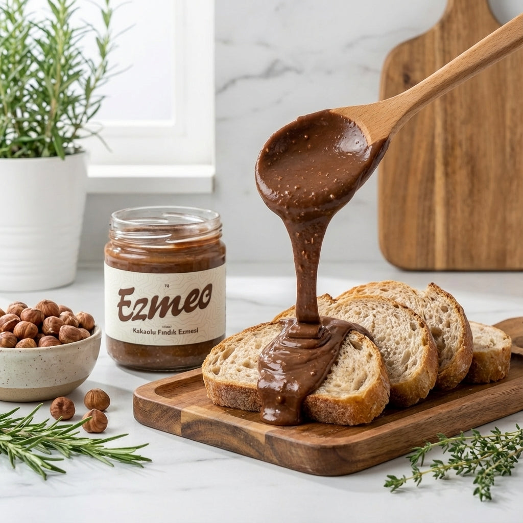 Ekmek üzerine sürülmüş kakaolu fındık ezmesi kahvaltı sofrasında