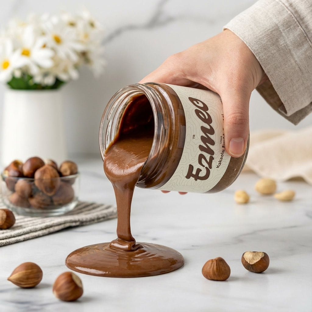 Kakaolu fındık ezmesi cam kavanoz ürün görseli ön yüz