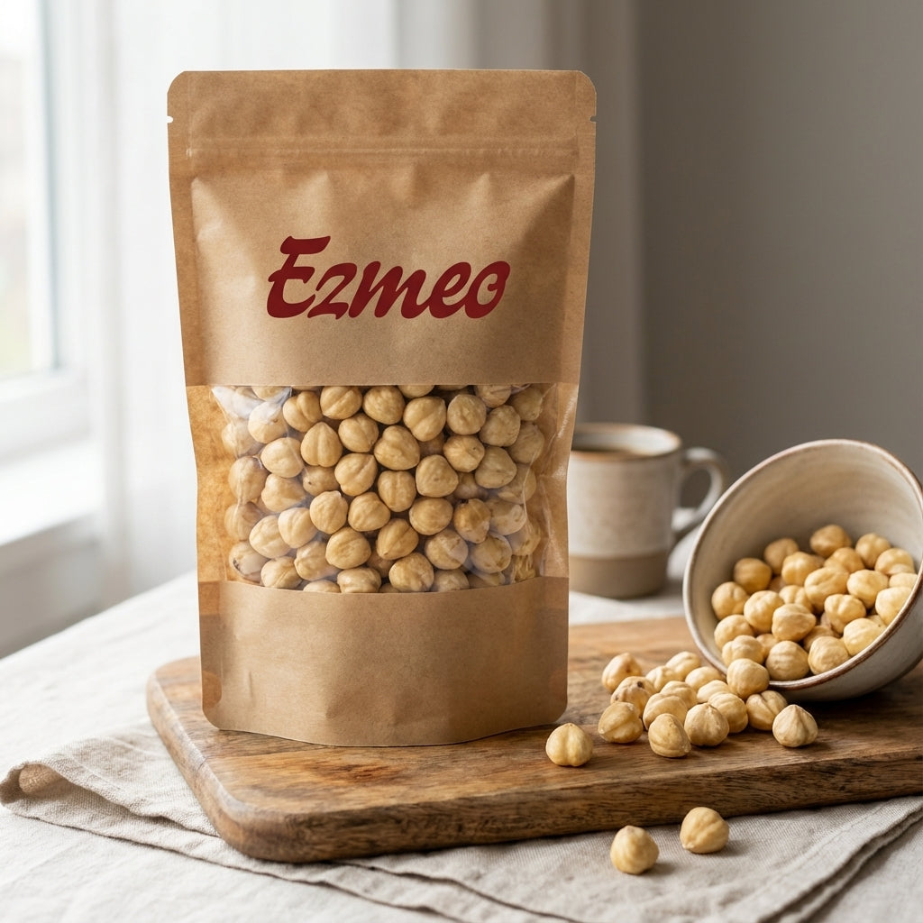 Kavrulmuş fındık 500g fındık  taneleri ahşap kase içinde üstten görünüm