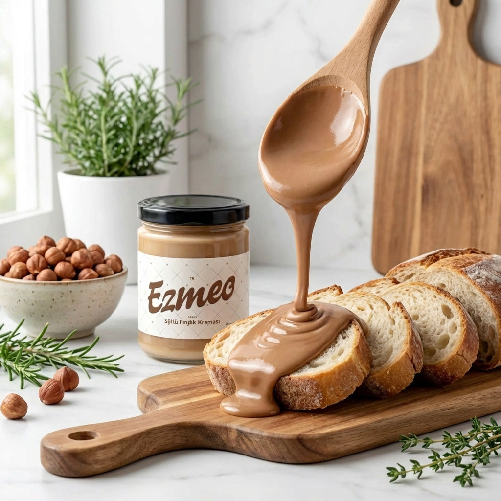 Ekmek üzerine sürülmüş sütlü fındık kreması kahvaltı masası